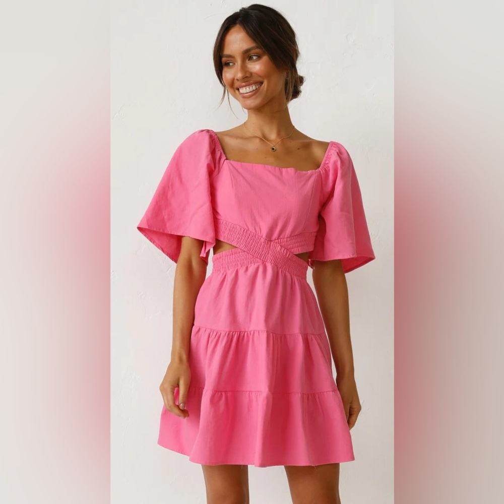 Shy Velvet Pink Mini Dress Small Cutout Waist Puff Sleeve Flowy Summer Boho